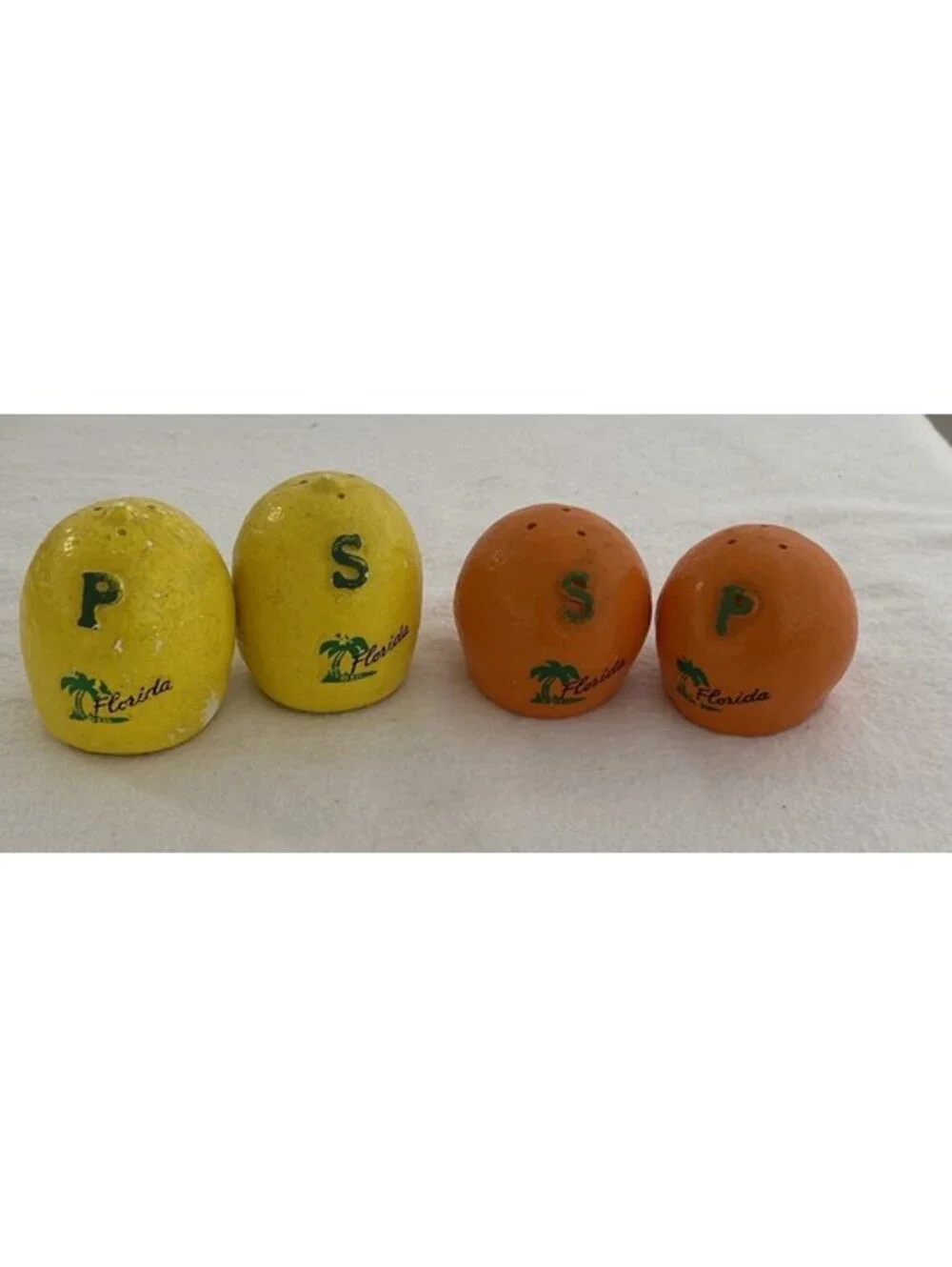 2 Sets Of Vintage Florida Orange & Lemon Ceramic Salt And Pepper Shakers Sets